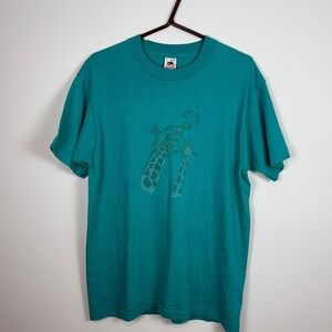 VTG Fruit of the Loom Teal Giraffe Rhinestone T-Shirt Large Single Stitch USA